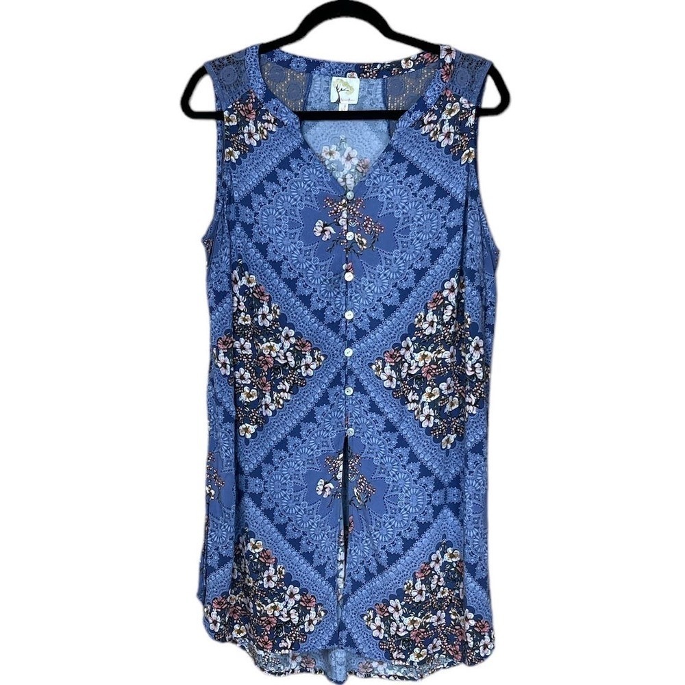 Fig and Flower Floral Print Dress, Lace Style Back, Side Slit, Size XL